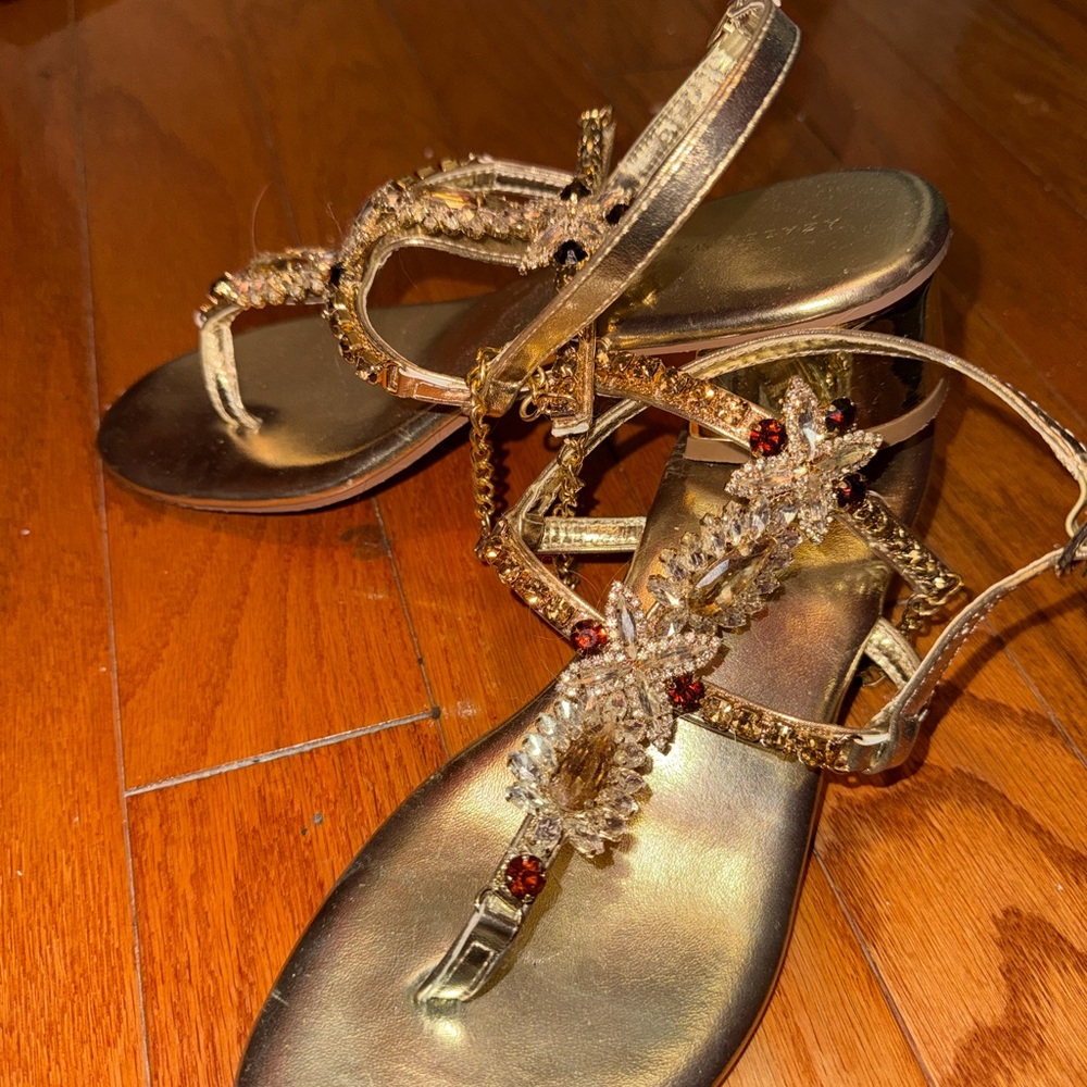 Gold Jeweled Women's T-Strap Sandals by